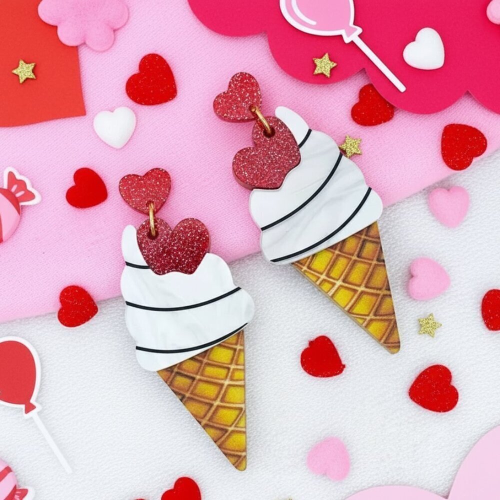 Ice Cream Cone Dangle Earrings Red Glitter Heart Acrylic Kawaii Valentineβs Gift